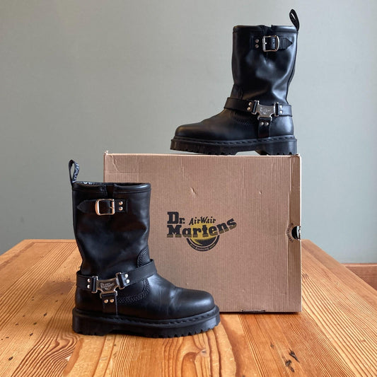 9 - Dr Martens Black Leather Anistone Hi Wanama Biker Boots NEW w/ Box 0425SV