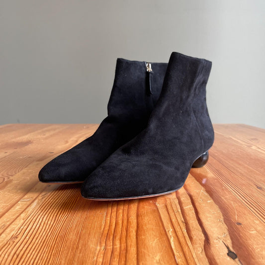 9.5 - Kate Spade Black Suede Sydney Pointed Toe Unique Heel Ankle Booties 1203TR