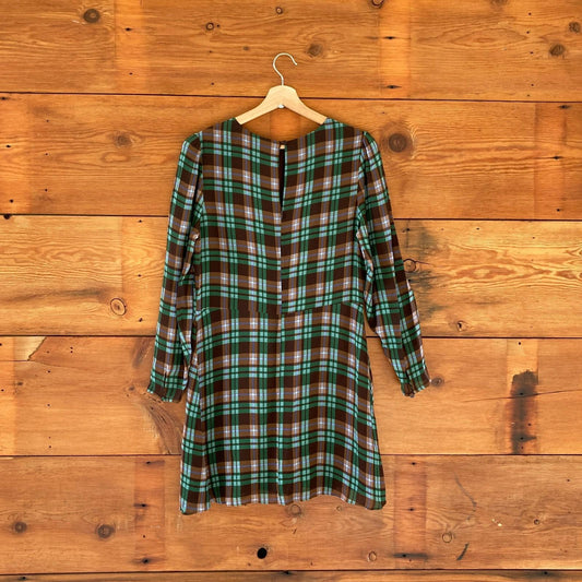 12 - Reformation Brown Green Plaid Long Sleeve Laken Mini Dress 1215KM