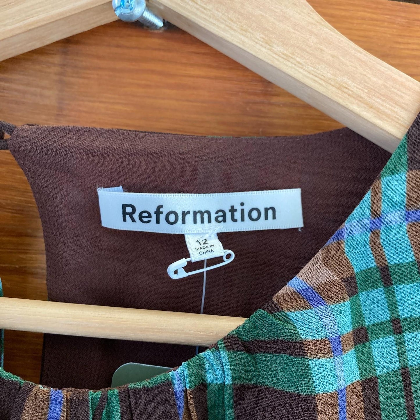 12 - Reformation Brown Green Plaid Long Sleeve Laken Mini Dress 1215KM