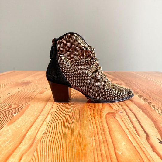 36.5 / 6-6.5 - Alexandre Birman Black & Gold Suede Jenny Booties w/ Box 0719JK