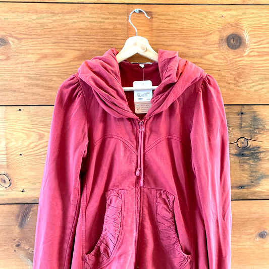 S - Prairie Underground Deep Red Ruched Hoodie Long Cloak Jacket 0104AB