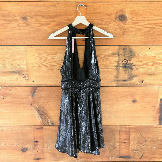 4 - Free People Black Deep V Open Back Sequin Cocktail Mini Dress 1227MS