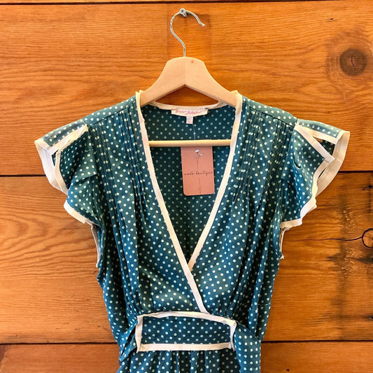 10 - Vintage Betsey Johnson Teal Silk Polka Dot Patterned Babydoll Dress 1227EL