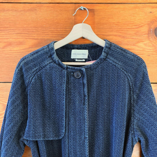 M - Isabel Marant Etoile Navy Herringbone Textured Tie Waist Long Jacket 0114RD