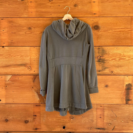 S - Prairie Underground Gray Zip Up Ruched Hoodie Long Cloak Jacket 0609CM