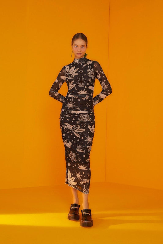 L - Farm Rio Black & Cream Print Cerrado Sky Tulle Ruched Maxi Dress 0507AH