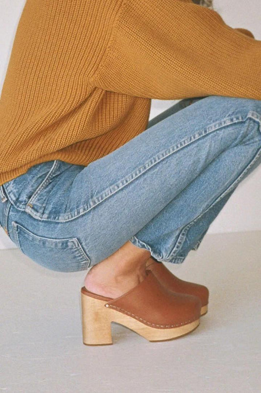 7 - Charlotte Stone Luggage Brown Leather Marlo Platform Wooden Clogs 0814MS