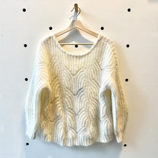 S - Sezane White Low V-Back Oversized Slouchy Mohair Sweater 0817SW