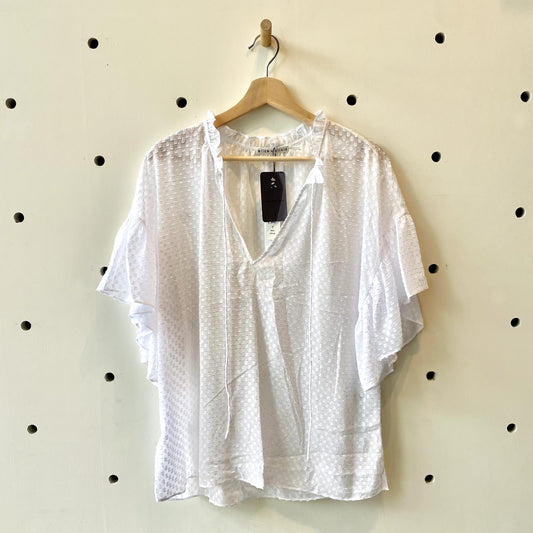 L - Alice + Olivia $265 White Silky Ruffle Sleeve Keyhole Blouse Top NEW 0716MD