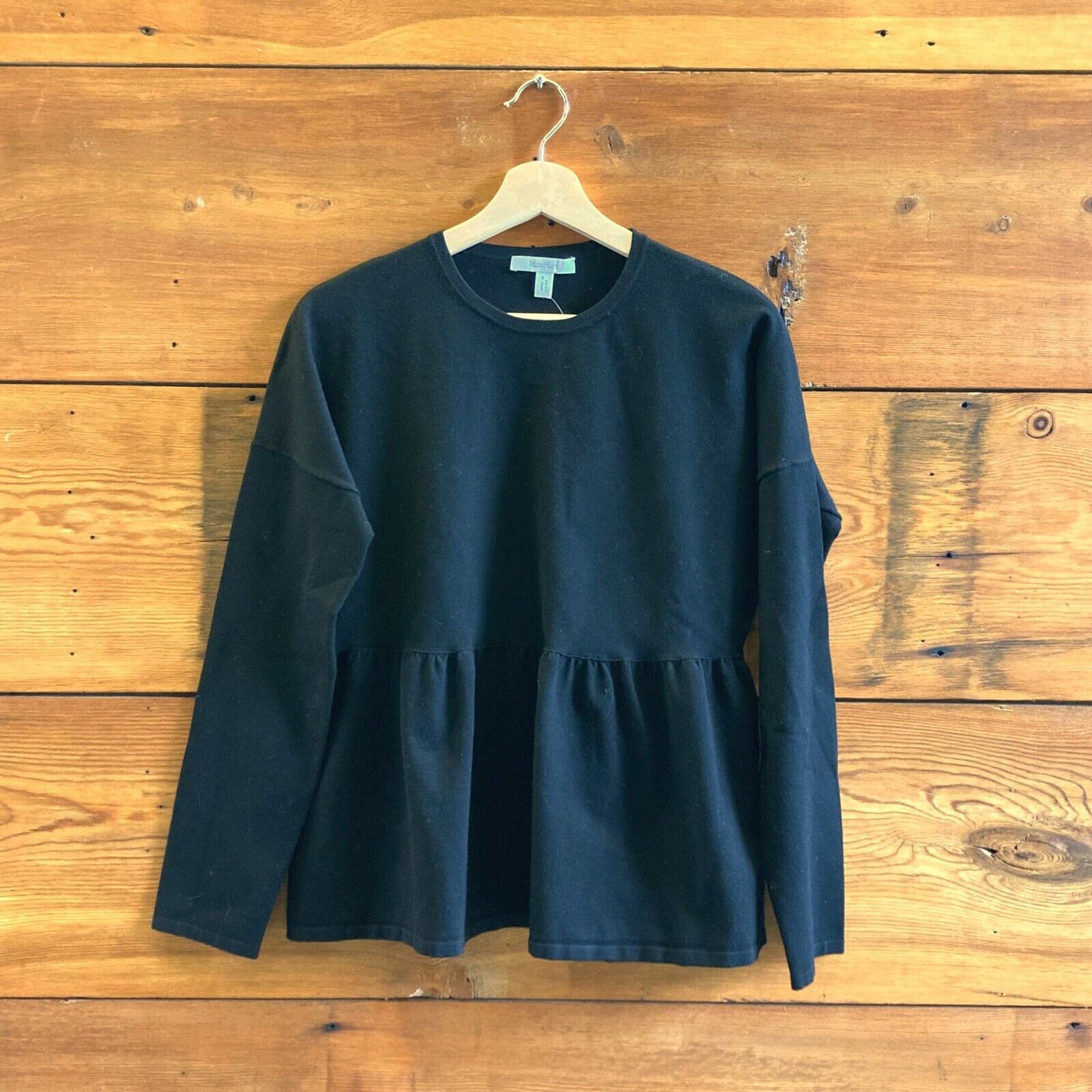 L - MaxMara Max Mara Black Long Sleeve Crew Neck Peplum Shirt Top 0419NR