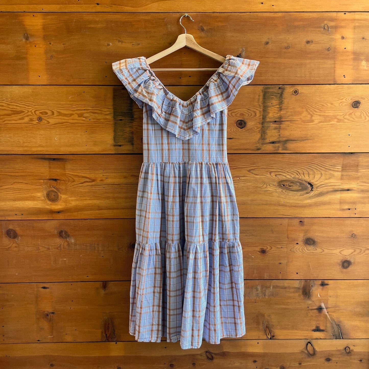 XS - English Factory Purple & Brown Plaid Ruffle Neck Midi Length Dress 1103ES