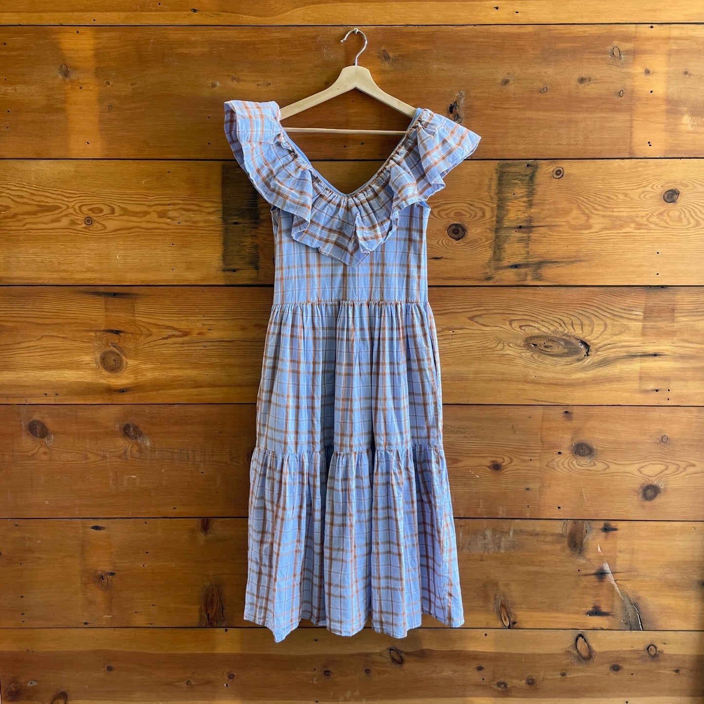 XS - English Factory Purple & Brown Plaid Ruffle Neck Midi Length Dress 1103ES