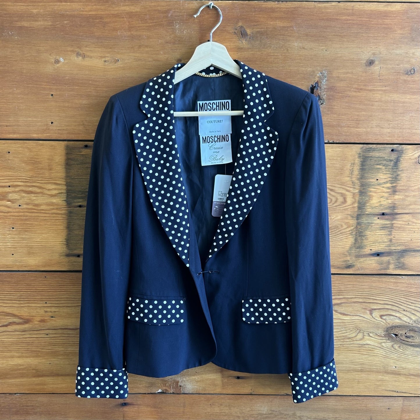 8 - Moschino Couture Navy & White Polka Dot Vintage Fitted Blazer Jacket 0327JM