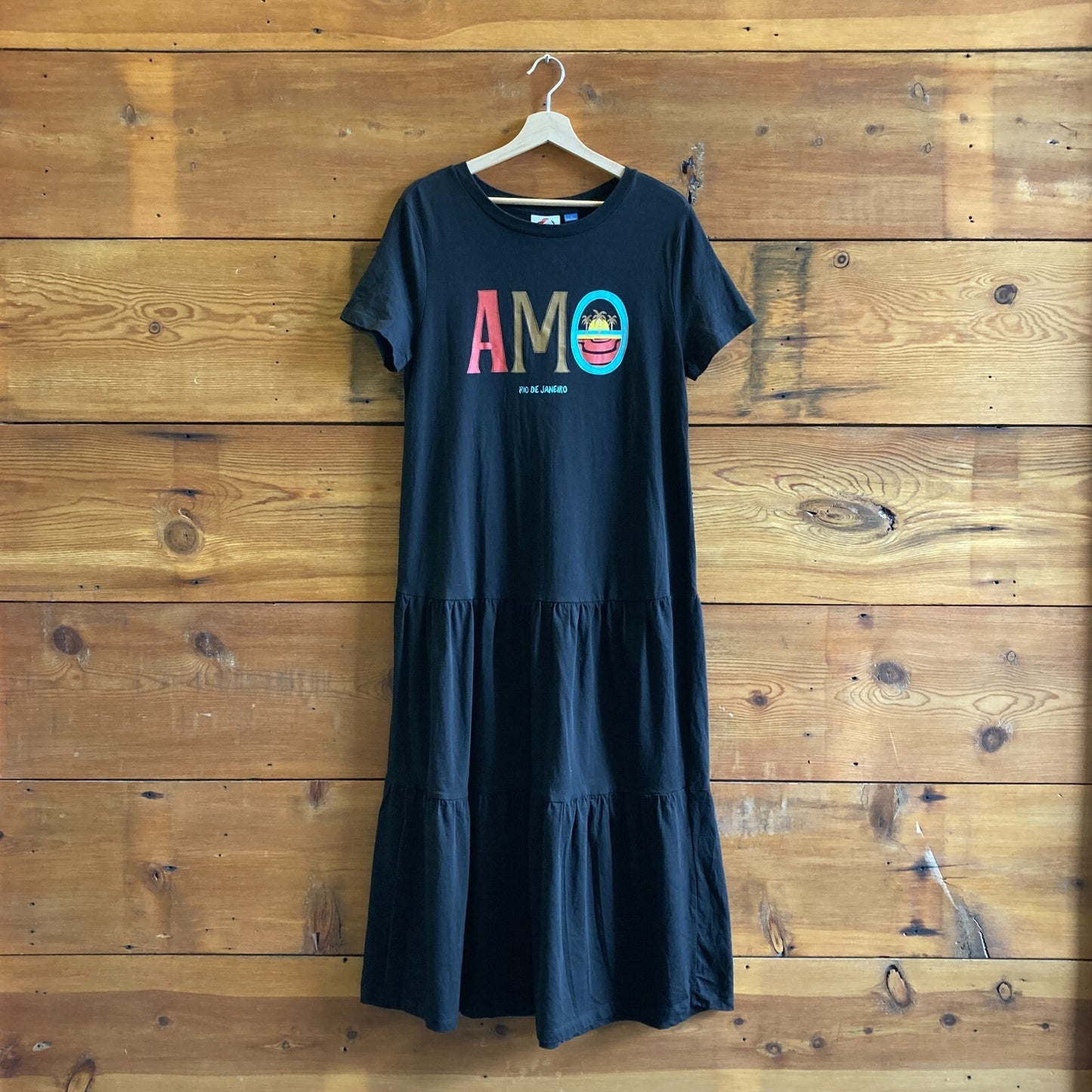 S - Farm Rio Black Short Sleeve Maxi T-Shirt AMO Rio de Janeiro Dress 1205TF