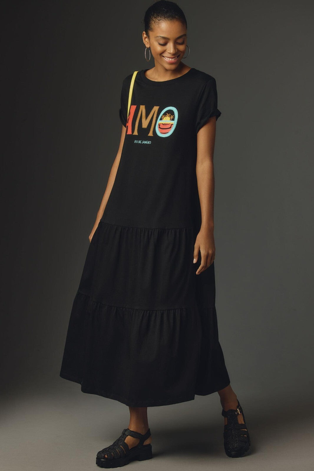 S - Farm Rio Black Short Sleeve Maxi T-Shirt AMO Rio de Janeiro Dress 1205TF