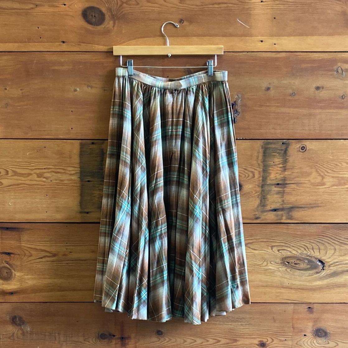 M / L - Koos Van den Akker Vintage Brown Plaid Full Cotton Midi Skirt 0505DM