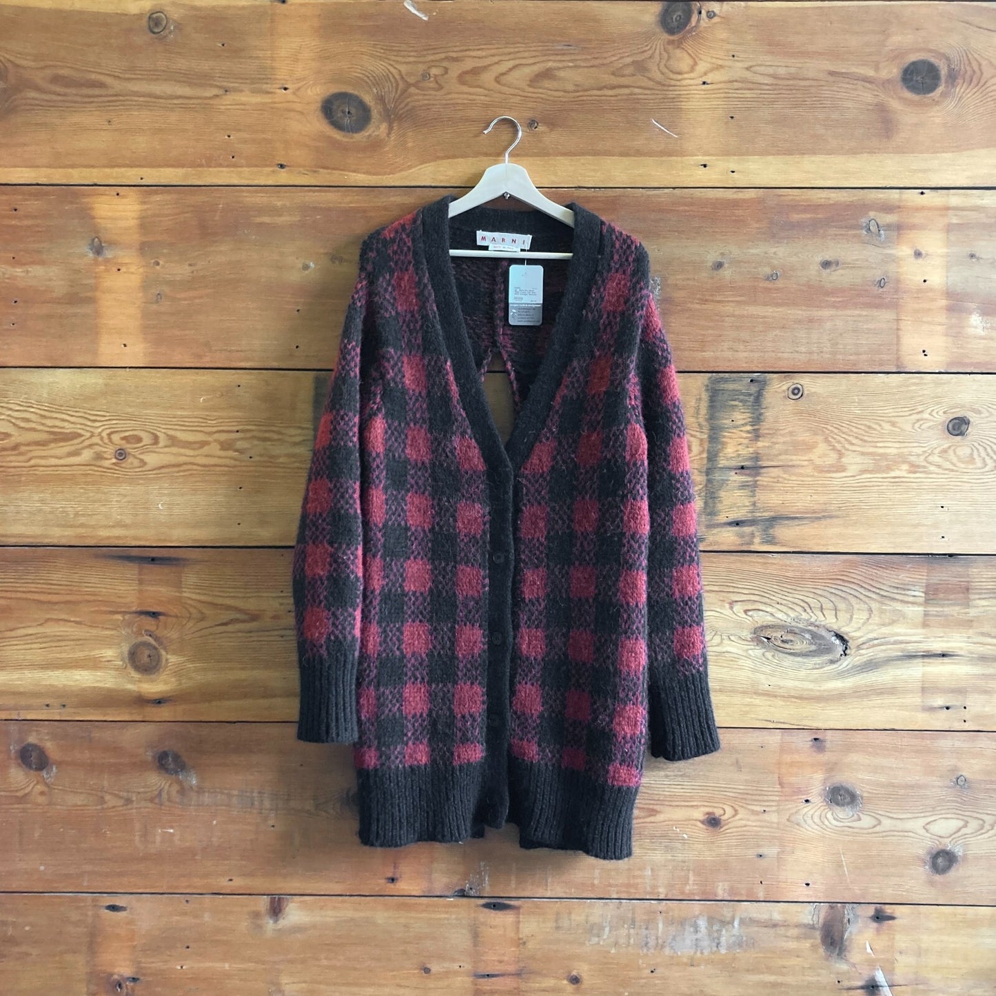 42 - Marni Red Black Plaid Chunky Kint Split Back Cardigan Sweater 0505DM