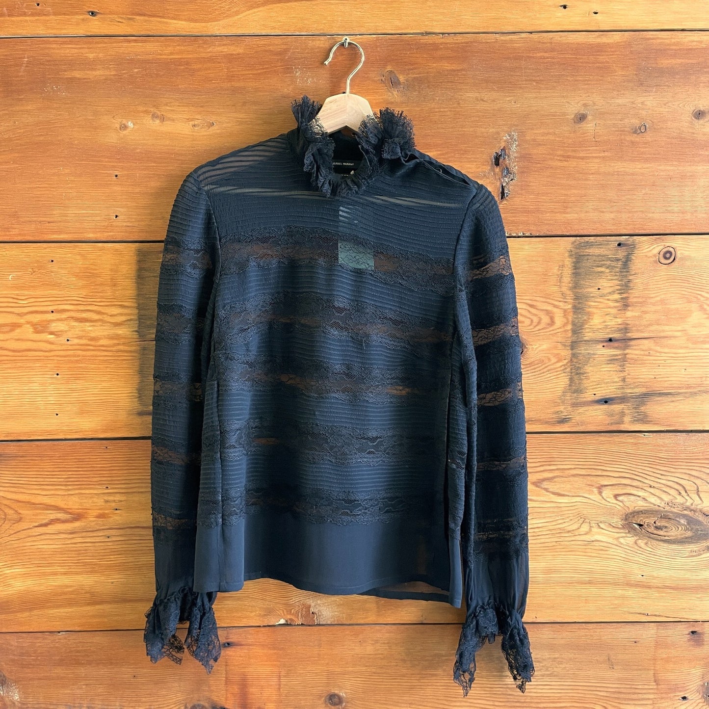 40 FR / L - Isabel Marant Black Sheer Lace Striped Long Sleeve Blouse Top 0103RU