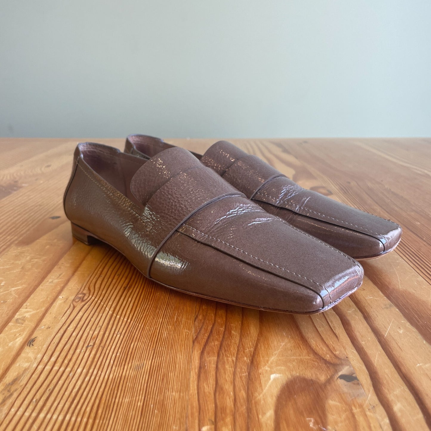 38.5 / 8.5 - Mansur Gavriel Brown Patent Leather Square Toe Loafers Shoes 0516WC