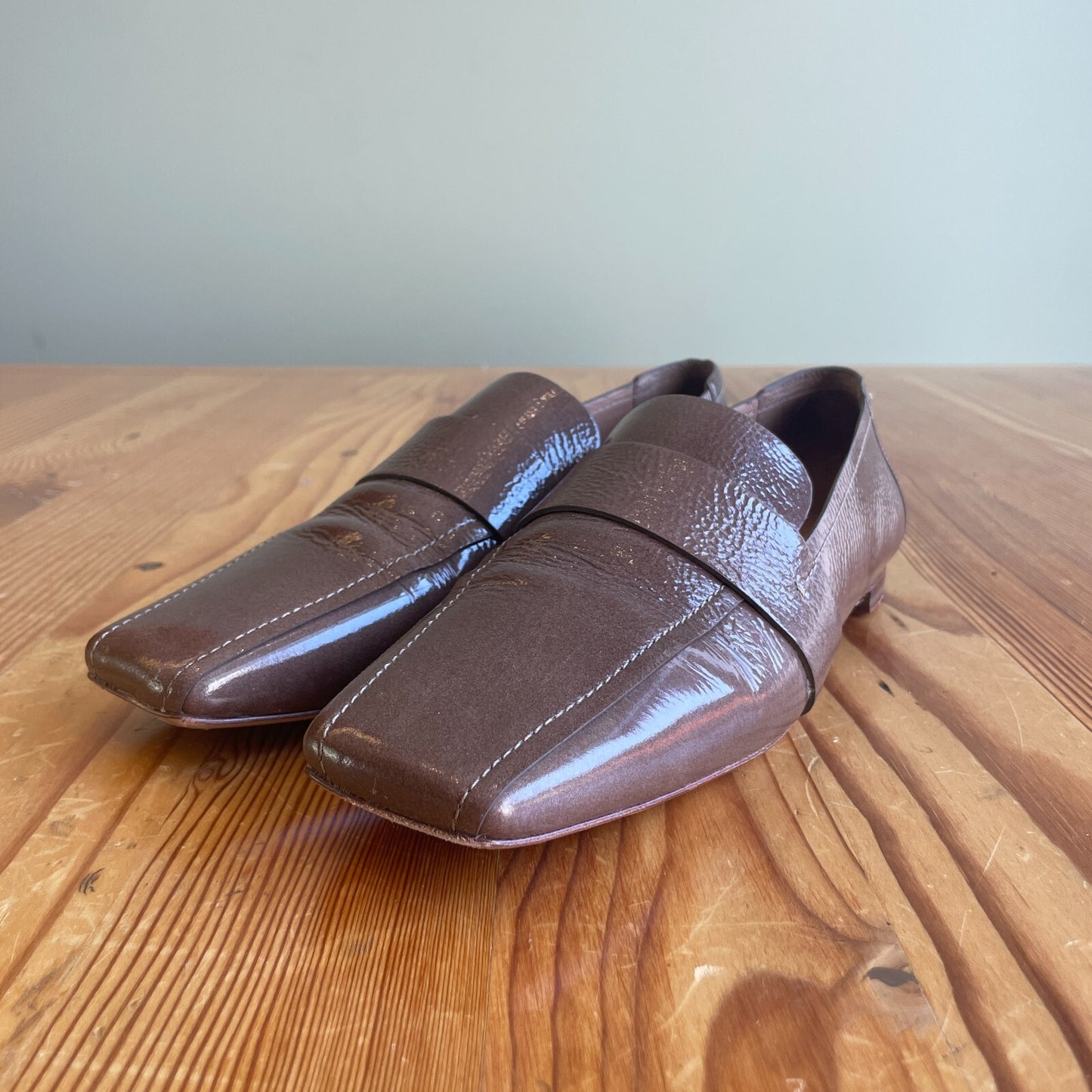 38.5 / 8.5 - Mansur Gavriel Brown Patent Leather Square Toe Loafers Shoes 0516WC