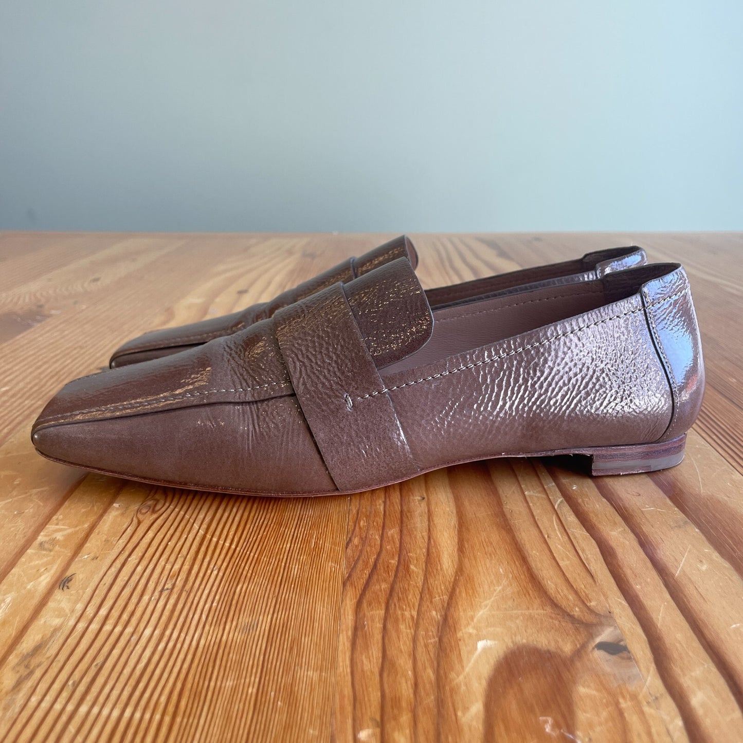38.5 / 8.5 - Mansur Gavriel Brown Patent Leather Square Toe Loafers Shoes 0516WC