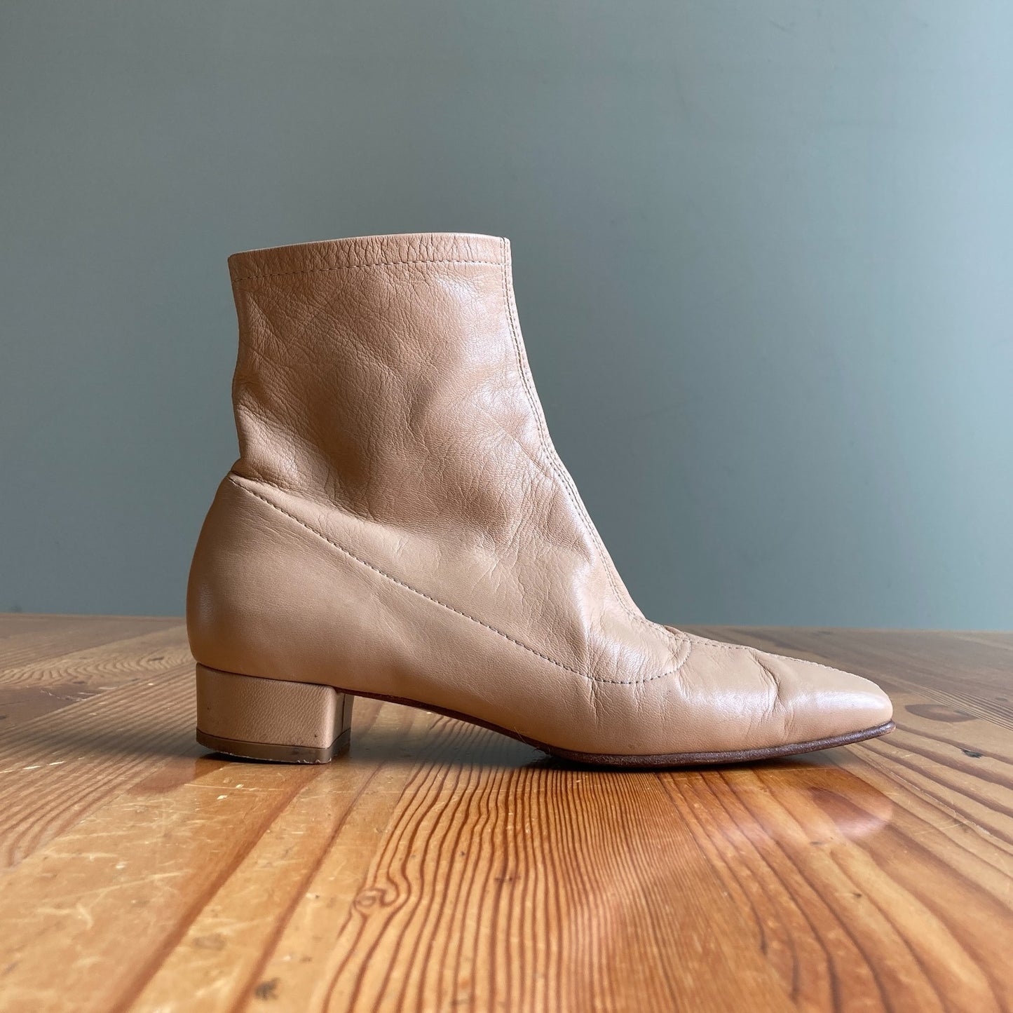 35 / XS - By Far Nude Leather Block Heel Ankle Boots Booties 0824PT