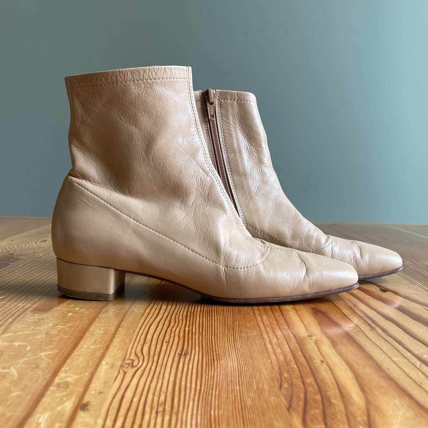 35 / XS - By Far Nude Leather Block Heel Ankle Boots Booties 0824PT