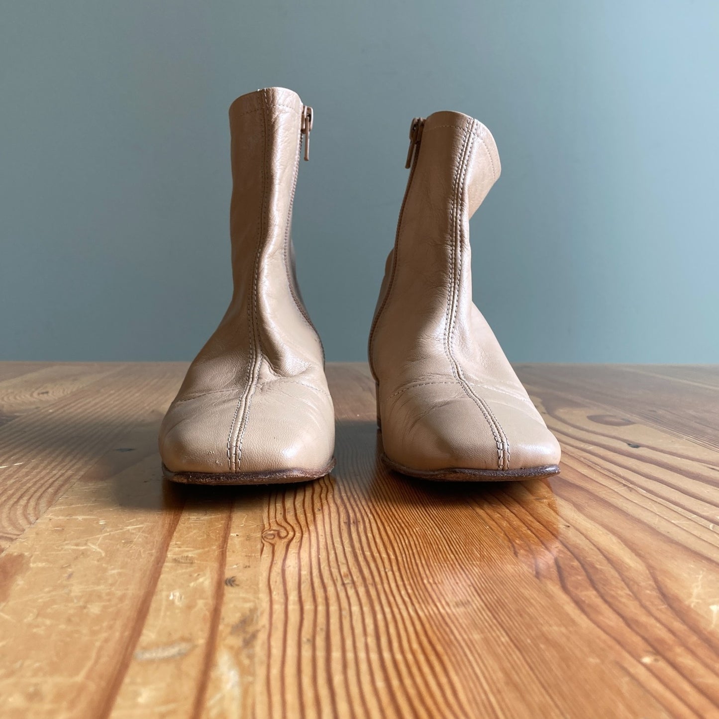 35 / XS - By Far Nude Leather Block Heel Ankle Boots Booties 0824PT
