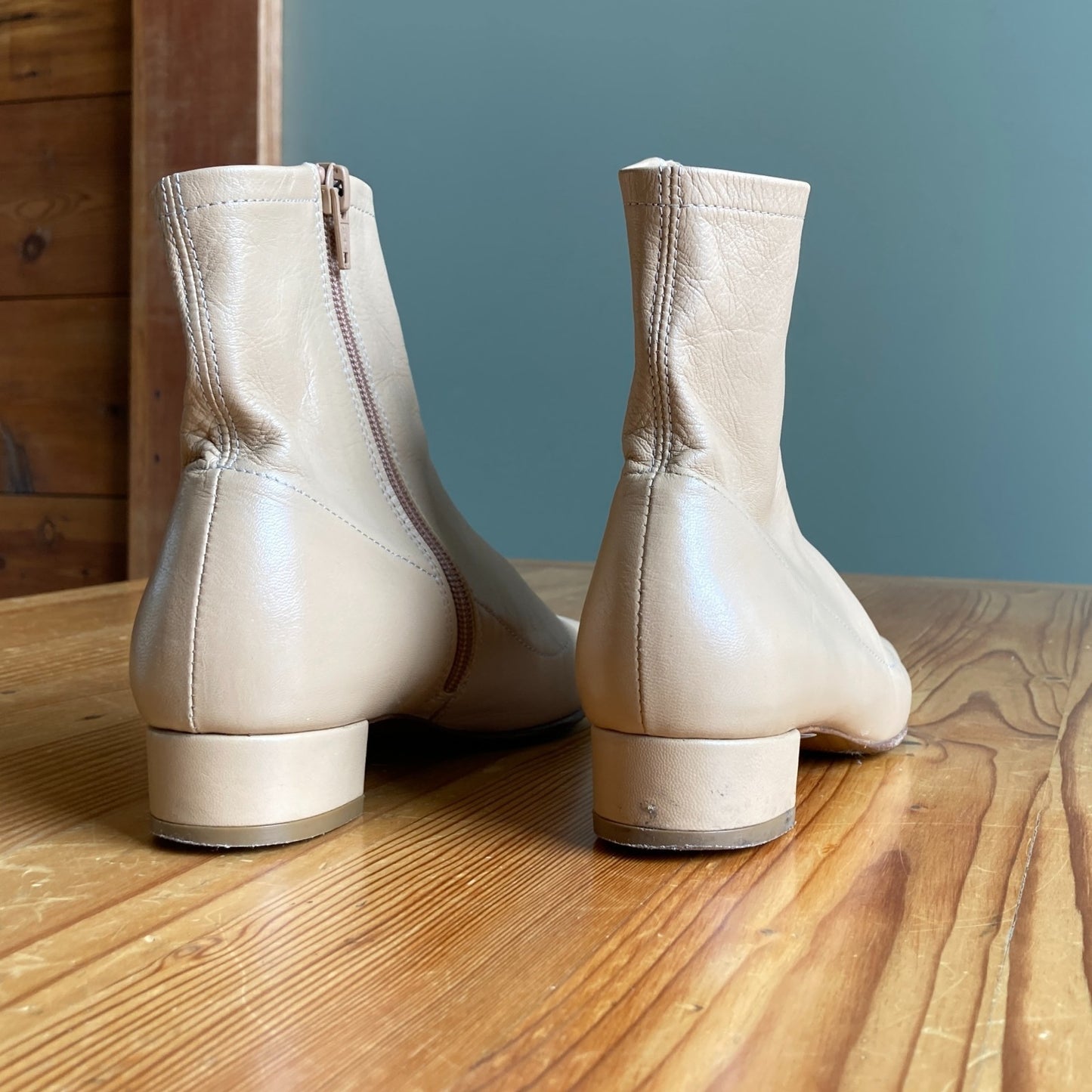 35 / XS - By Far Nude Leather Block Heel Ankle Boots Booties 0824PT