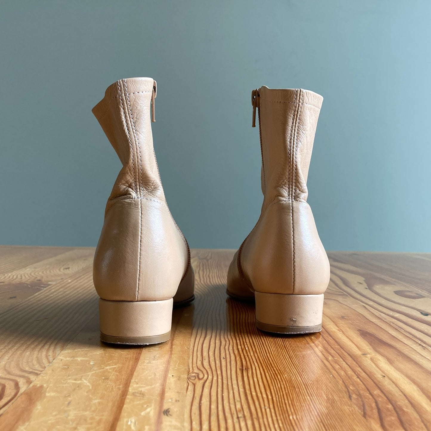 35 / XS - By Far Nude Leather Block Heel Ankle Boots Booties 0824PT
