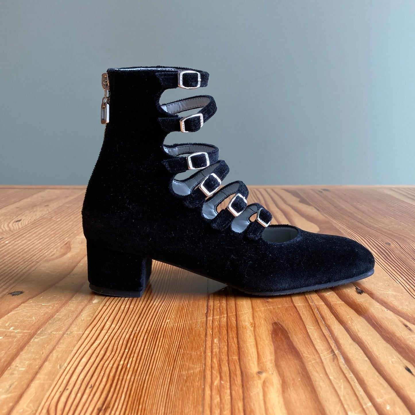 34 / XS - Carel Black Velvet Multi Strap Ankle Booties Strappy Shoes 0824PT