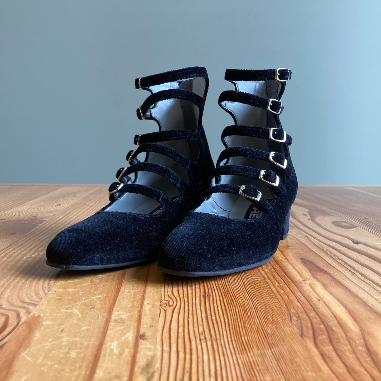 34 / XS - Carel Black Velvet Multi Strap Ankle Booties Strappy Shoes 0824PT