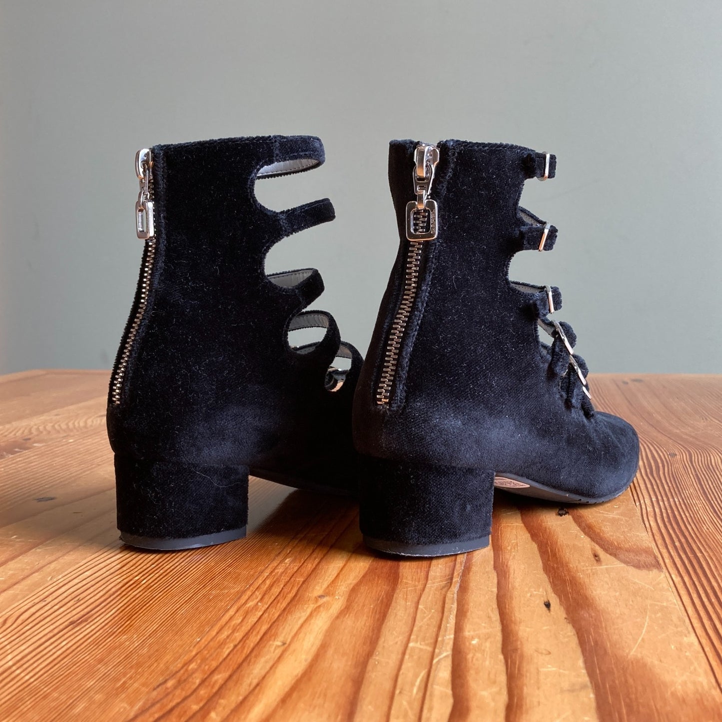 34 / XS - Carel Black Velvet Multi Strap Ankle Booties Strappy Shoes 0824PT