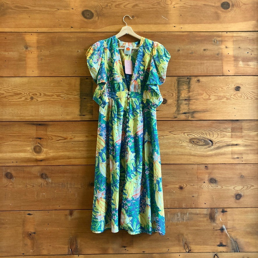 S - Farm Rio Star Fruit Colorful Print V-Neck Midi Puff Sleeve Dress 1213SM