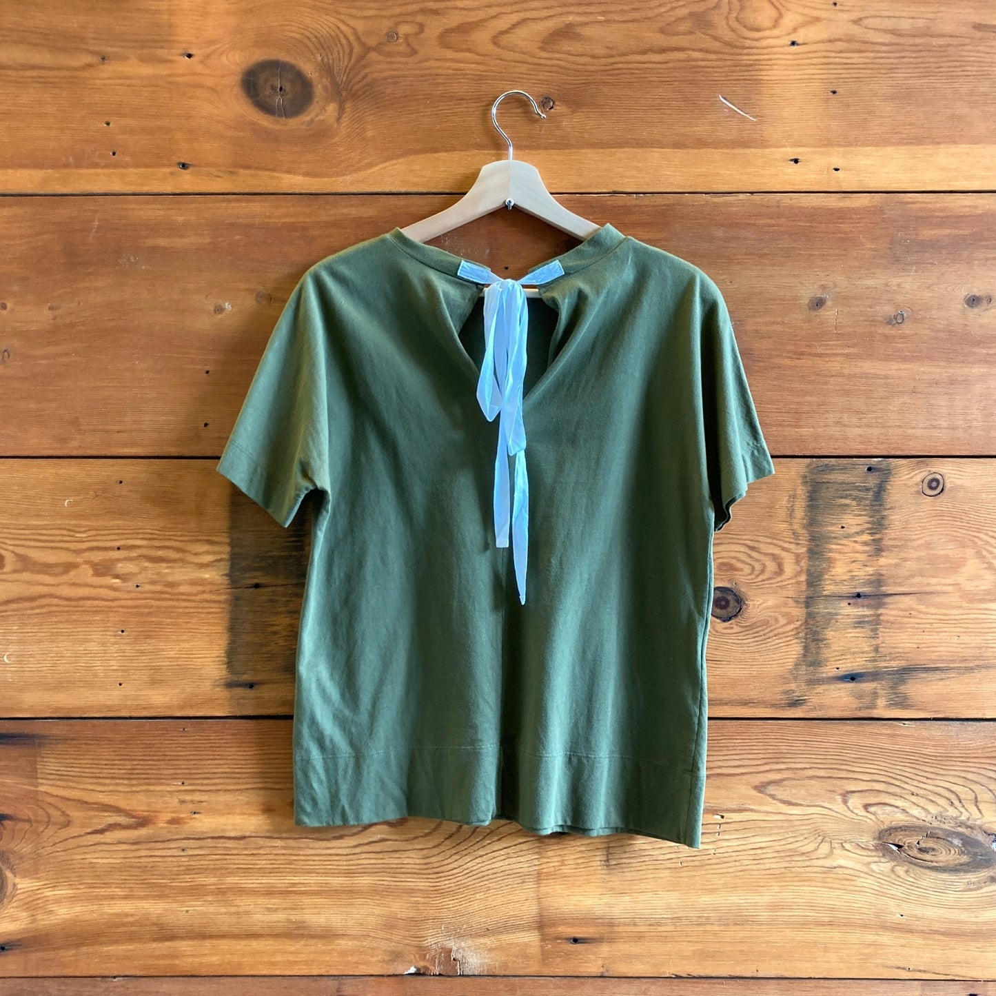 S / M - Marni Olive Green Short Sleeve Tie Neck T-Shirt Top 1205DA
