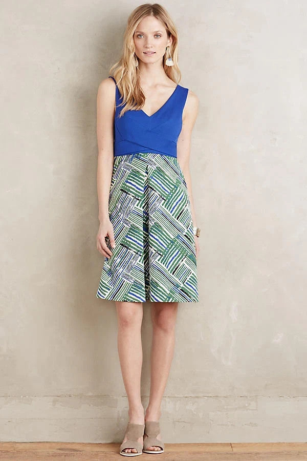0 / XS - HD in Paris Anthropologie Blue Green Printed Sleeveless Dress 0125CD