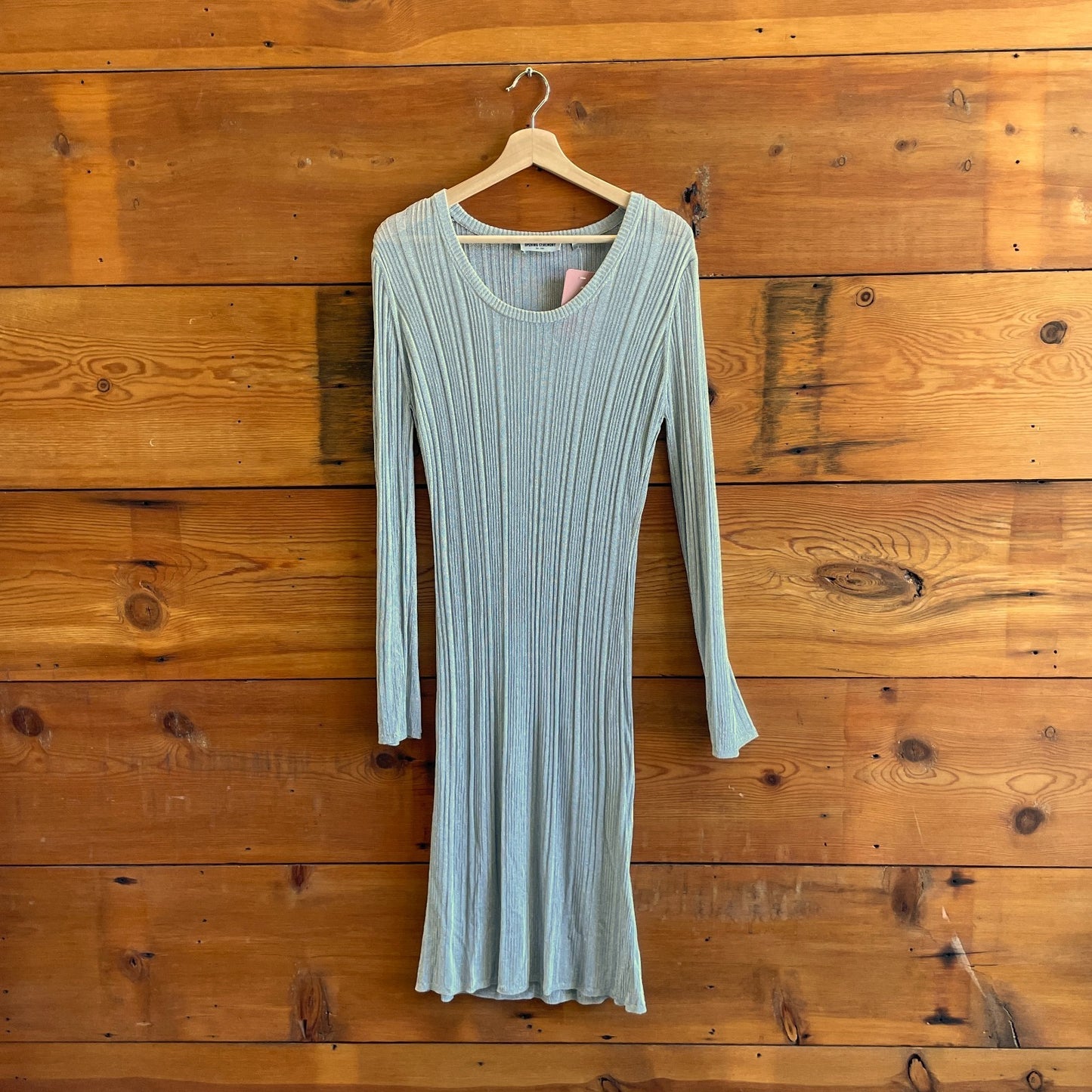 L - Opening Ceremony Silver Ribbed Knit Long Sleeve Scoop Neck Midi Dress 0619NC