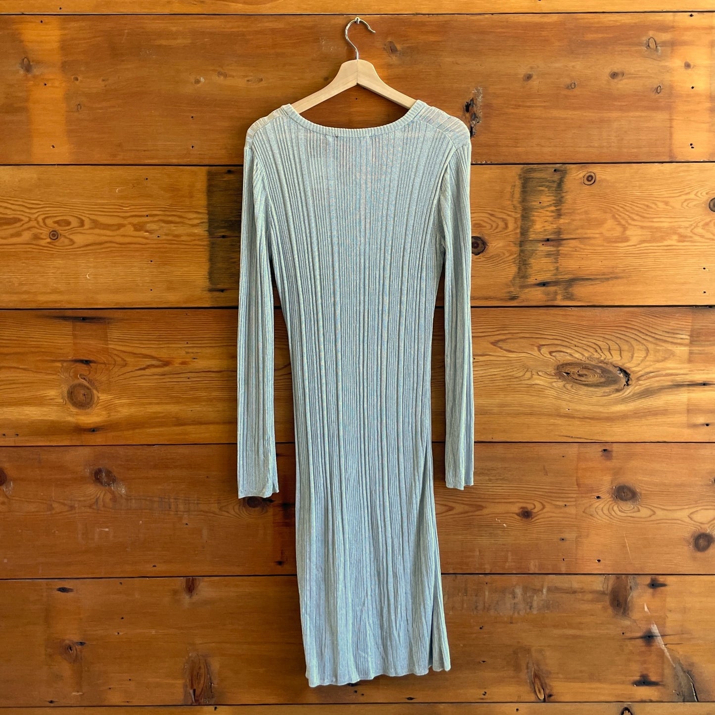 L - Opening Ceremony Silver Ribbed Knit Long Sleeve Scoop Neck Midi Dress 0619NC