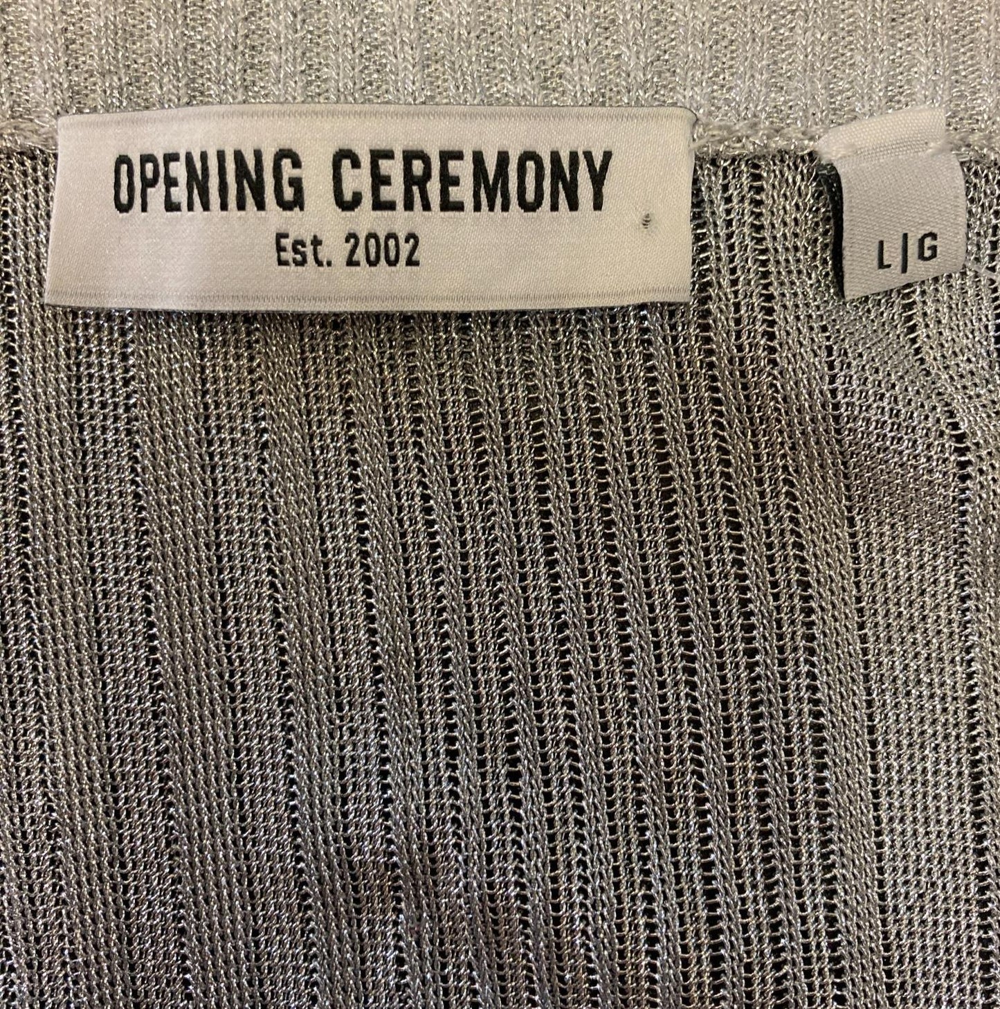 L - Opening Ceremony Silver Ribbed Knit Long Sleeve Scoop Neck Midi Dress 0619NC