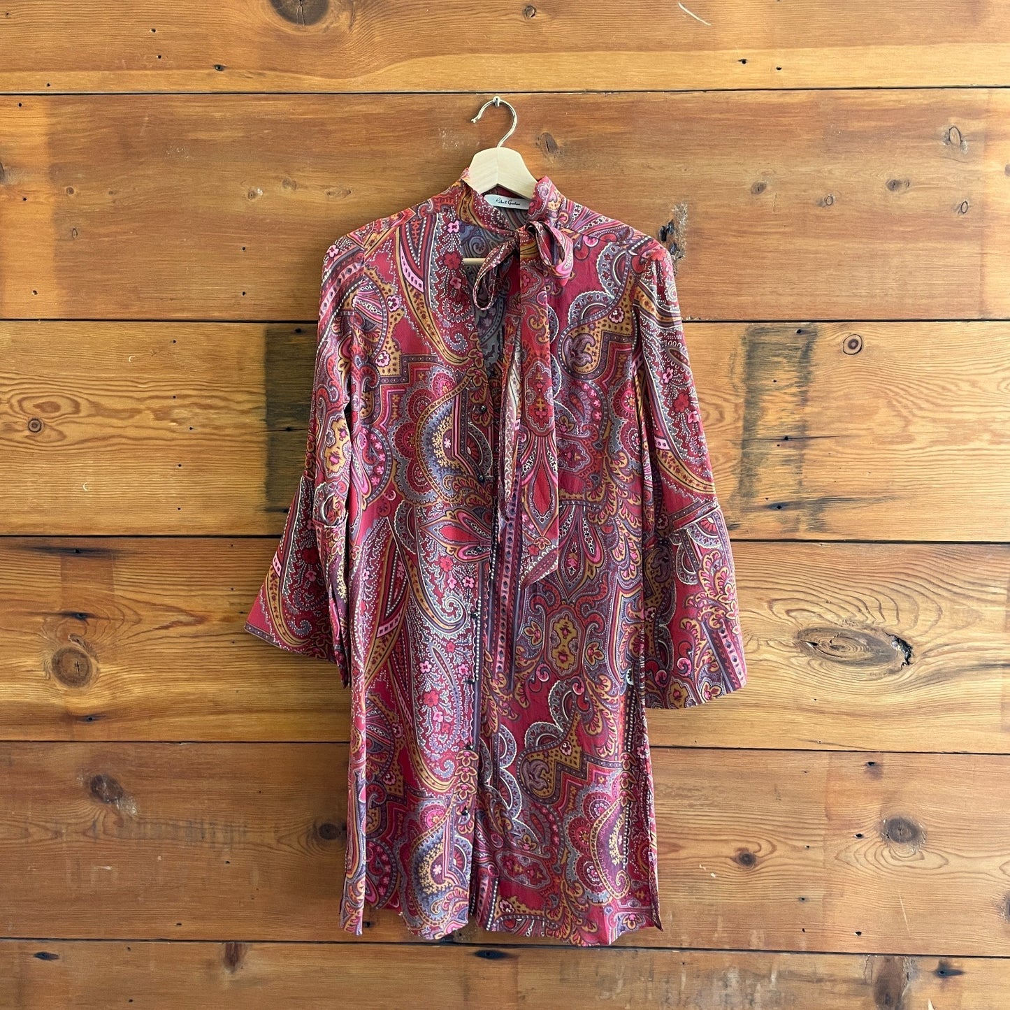 S - Robert Graham Red Paisley Print Button Front Silk Bell Sleeve Dress 1207JS