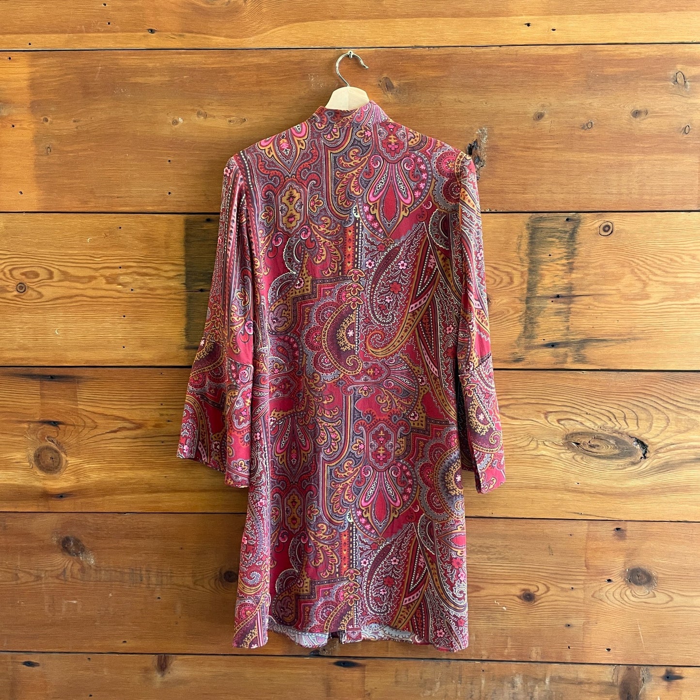 S - Robert Graham Red Paisley Print Button Front Silk Bell Sleeve Dress 1207JS