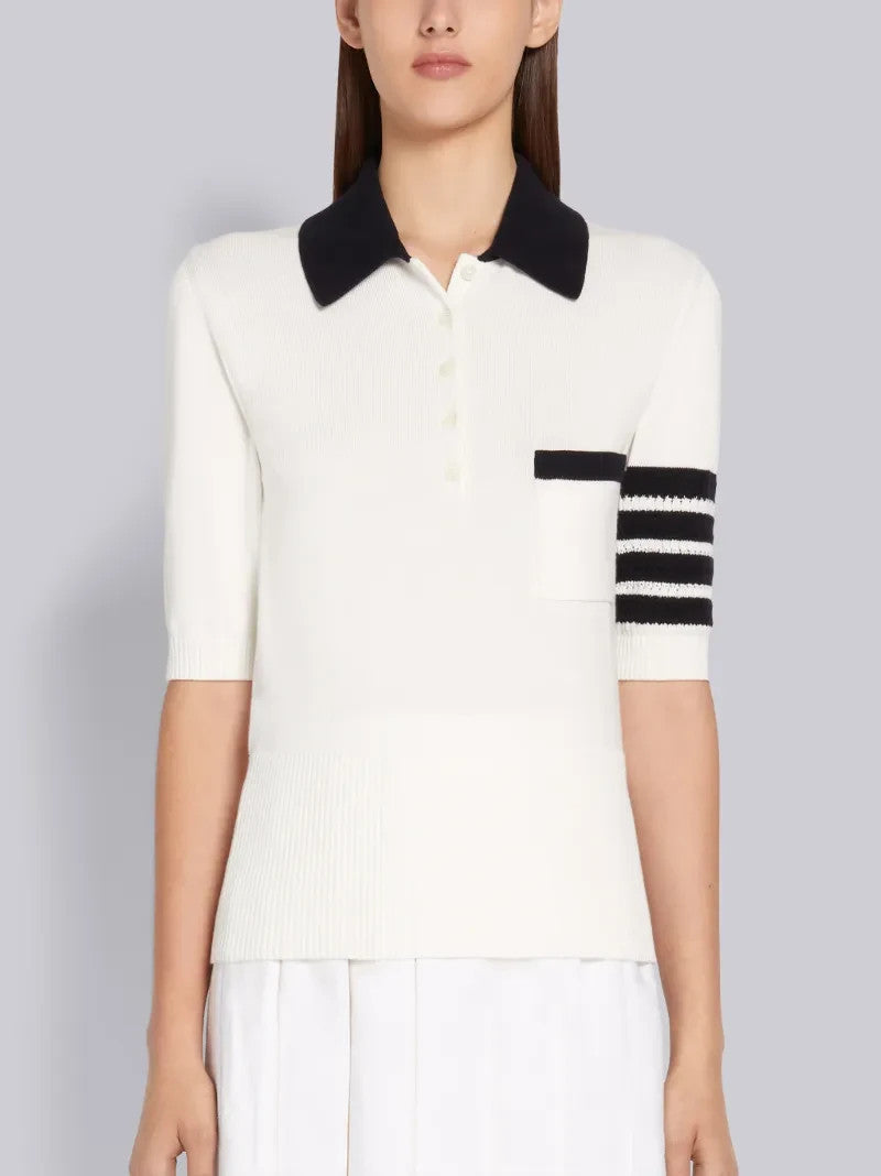 S - Thom Browne White Cotton Hector Henley Short Sleeve Polo Shirt 0619NW