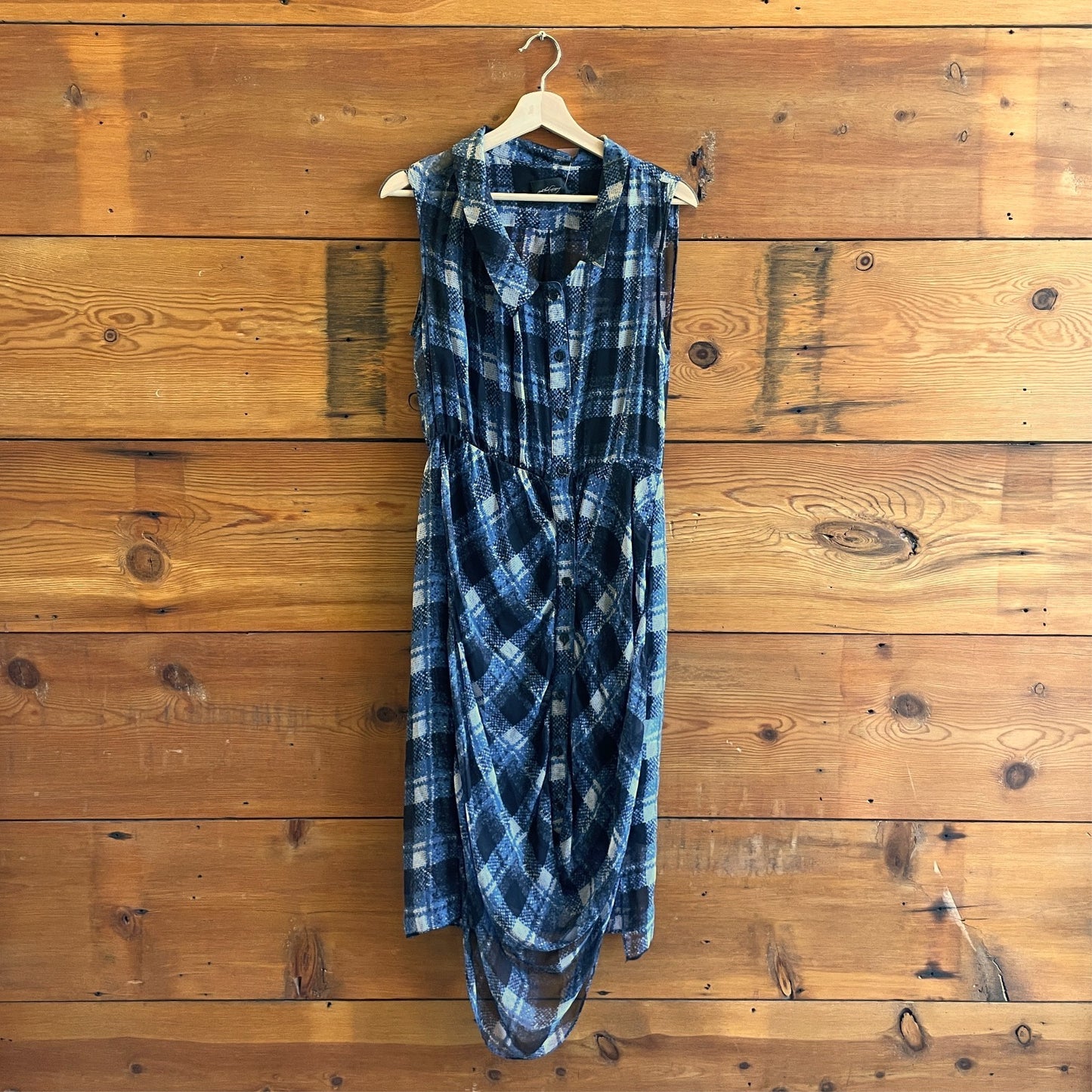 6 - Rachel Comey Blue Black Plaid Print Sheer Silk Button Up Midi Dress 0504AK
