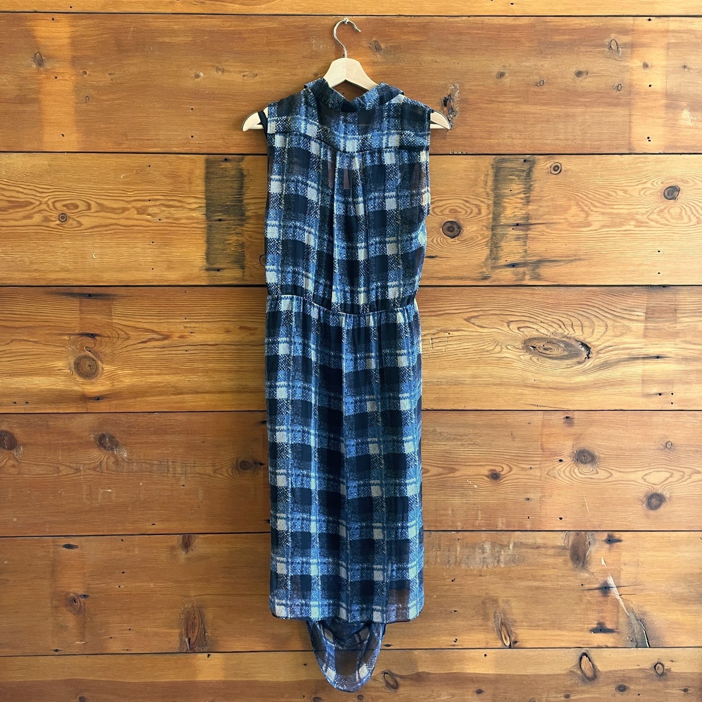 6 - Rachel Comey Blue Black Plaid Print Sheer Silk Button Up Midi Dress 0504AK