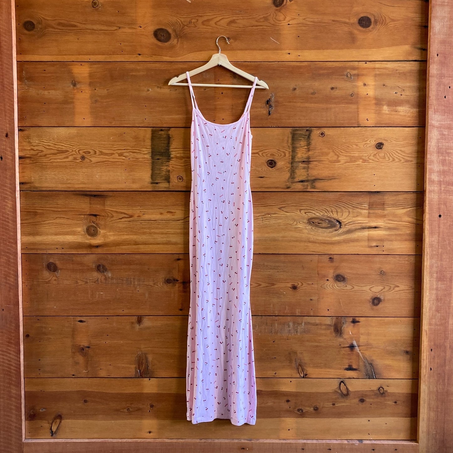L - SKIMS Pink Cherry Print NEW Soft Lounge Long Slip Dress 0701LR