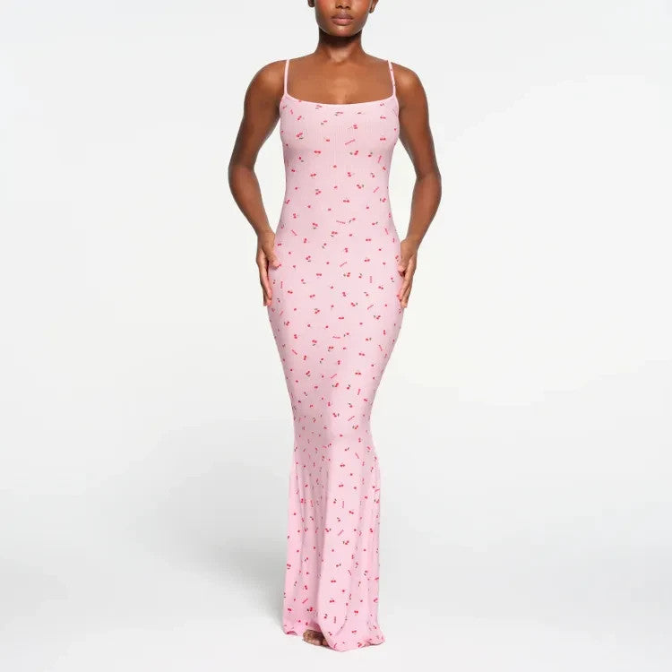 L - SKIMS Pink Cherry Print NEW Soft Lounge Long Slip Dress 0701LR