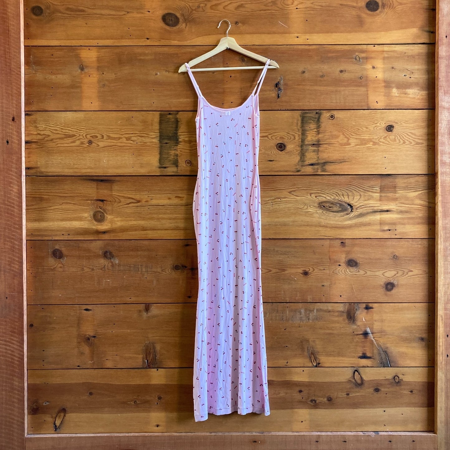 L - SKIMS Pink Cherry Print NEW Soft Lounge Long Slip Dress 0701LR