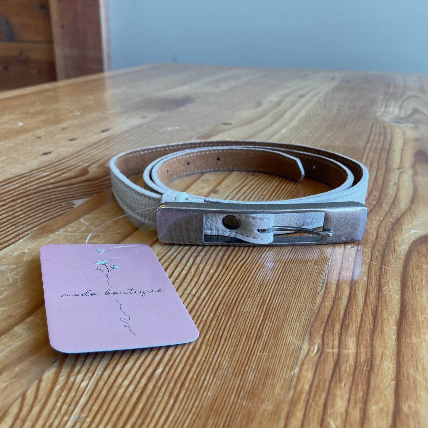 Kim White Skinny Womens White Leather Belt w/ Silver Buckle 3333MC