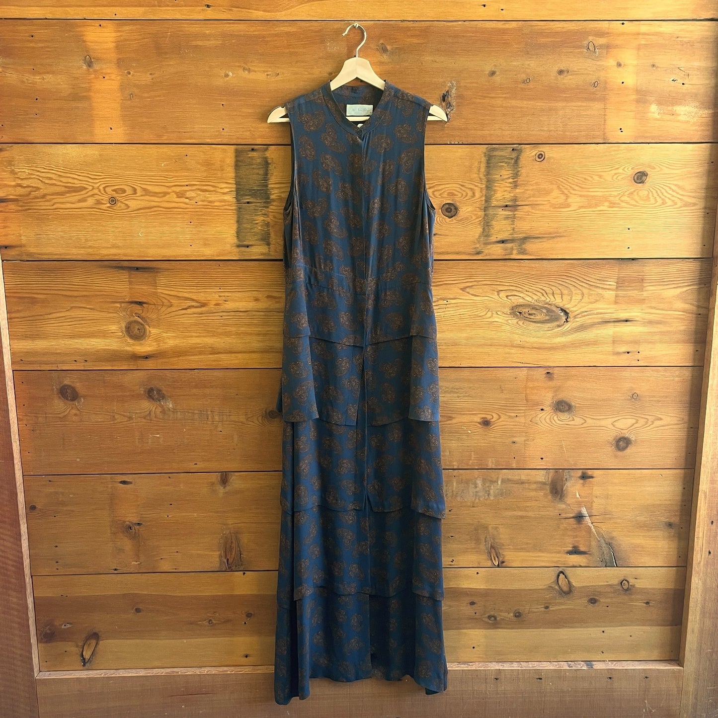M / L - A.L.C. Blue Brown Paisley Silk Tiered Button Front Maxi Dress 1130TS